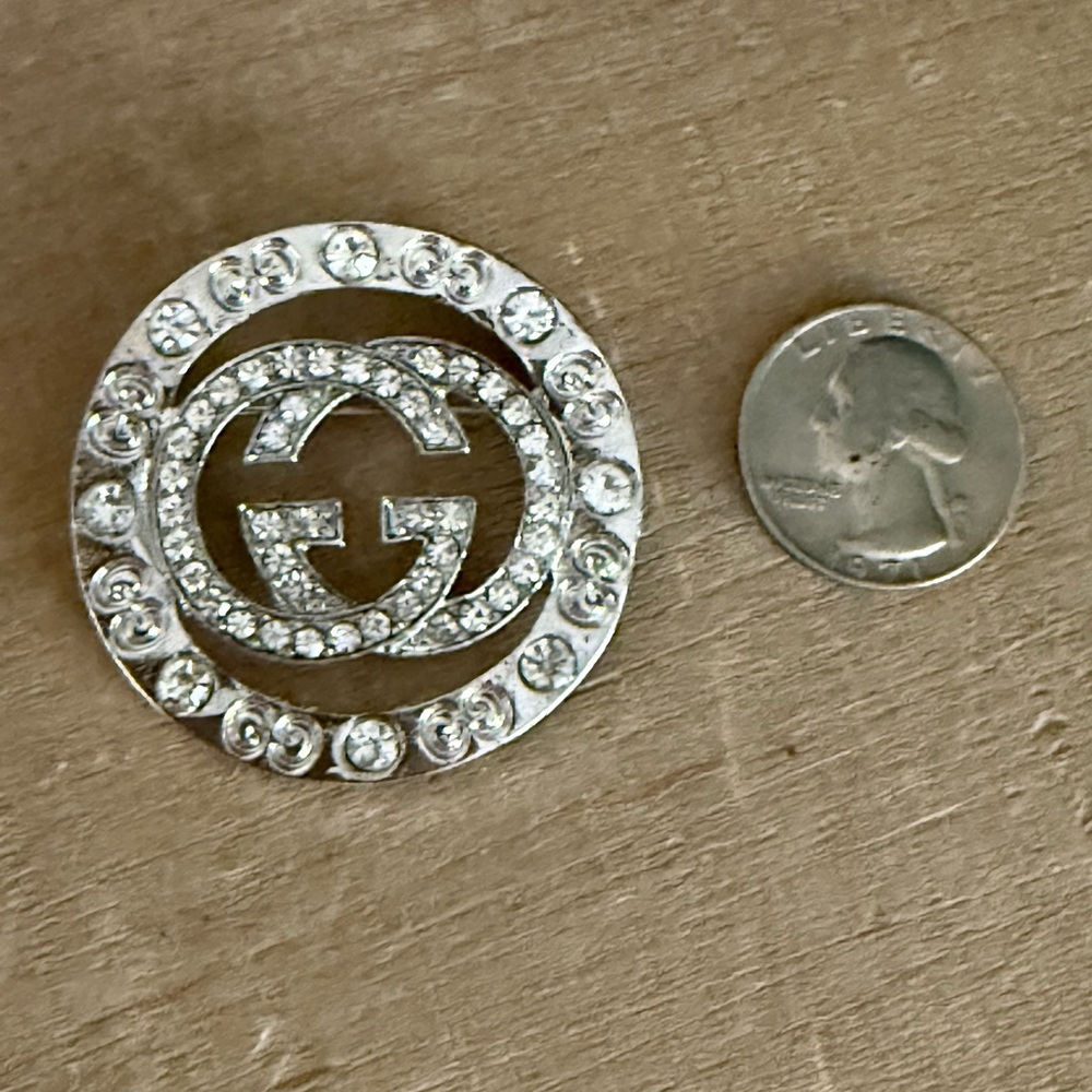 Crystal Double G Style Circle Brooch – Silver Tone Rhinestone Statement Pin - Picture 3 of 5